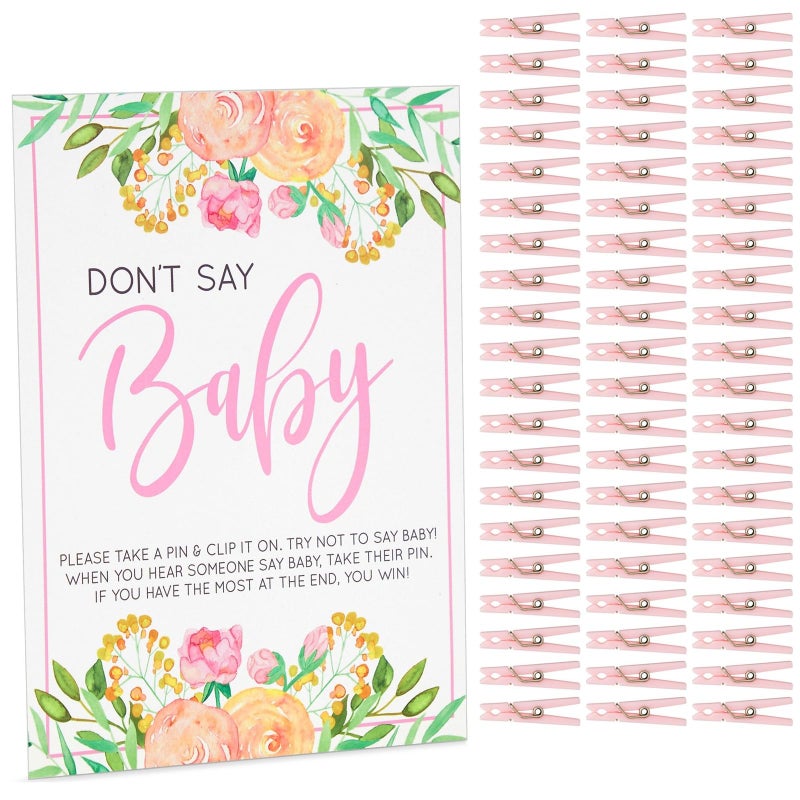 Sparkle and Bash Don't Say Baby Shower Game Sign - 8 x 10 in, 60 Pink Clothespins & Floral Design for Baby Shower Games for Girl - Image 1